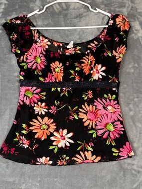 Self Esteem Floral Mesh Top Black Pink Tie Back Y2K Fairy Grunge L